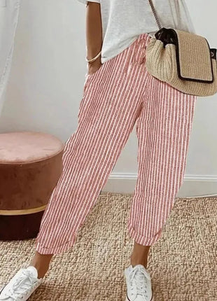 Pantaloni casual con coulisse in vita elastica stampata a righe larghe alla moda da donna europea e americana transfrontaliera estiva platinumshop