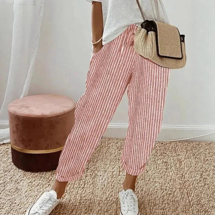 Pantaloni casual con coulisse in vita elastica stampata a righe larghe alla moda da donna europea e americana transfrontaliera estiva platinumshop
