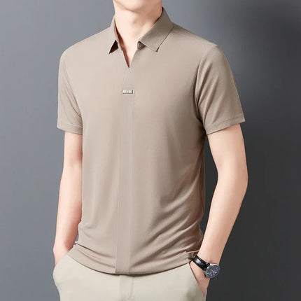 2025 New men's casual and fashionable solid color short-sleeved polo shirt comfortable and versatile summer T-shirt