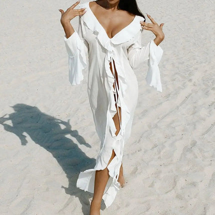 Moda scollo a V Summer Beach Cover Up Abito da spiaggia a maniche lunghe con volant Costume da bagno Vacanza Bikini Grembiule per protezione solare per le donne platinumshop