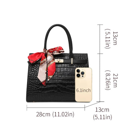 Borsa a Mano in Ecopelle Lucida Effetto Coccodrillo con Fiocco in Seta Stampata e Chiusura a Girello in Metallo, Borsa a Tracolla da Donna con Manico Superiore