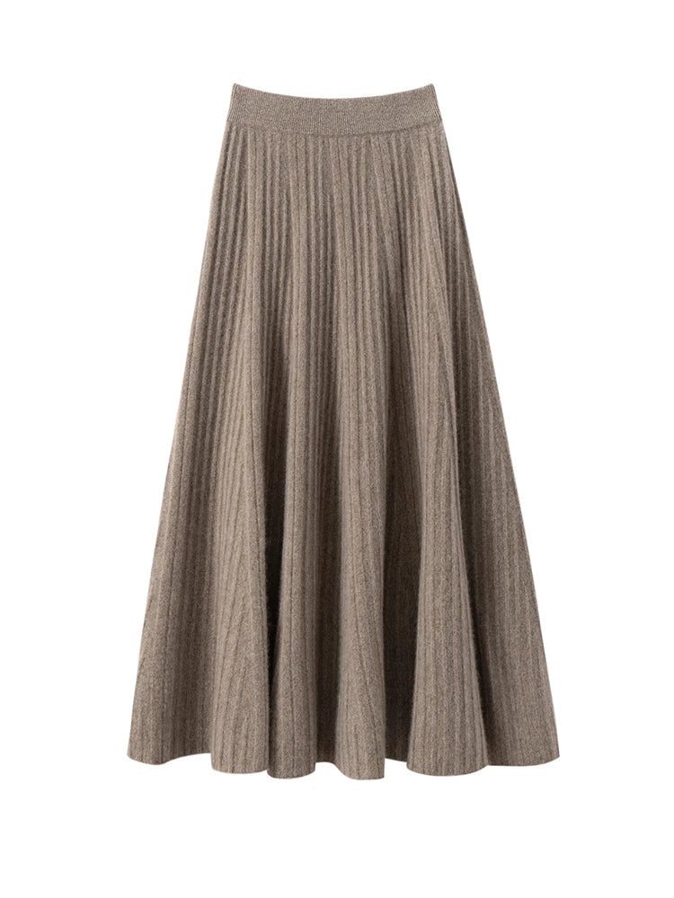 TLOML Luxury Women's 100% Cashmere Skirt Pleated Mid-Calf Skirt Autumn Winter Office Lady Grace Style Skirt Cashmere Knitwear PlatiNum