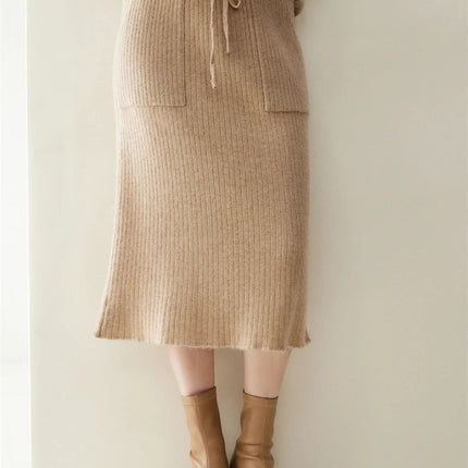 2025 Quality Woman 100% Cashmere Knitwear Thick Basic Skirts Autumn Winter Sexy Long A-Line Drawstring Vertical Stripe  Clothing PlatiNum