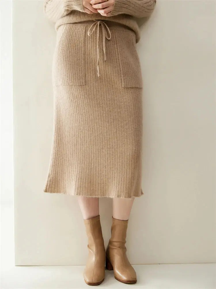 2025 Quality Woman 100% Cashmere Knitwear Thick Basic Skirts Autumn Winter Sexy Long A-Line Drawstring Vertical Stripe  Clothing PlatiNum