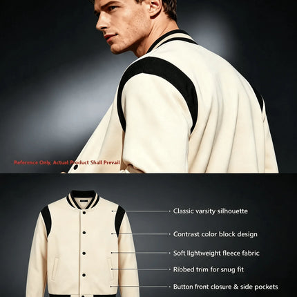 Men Color Block Varsity Jacket Fleece Lined Long Sleeve Button Baseball Coat Retro Swag Streetwear Casual Outerwear Y2K Clothes