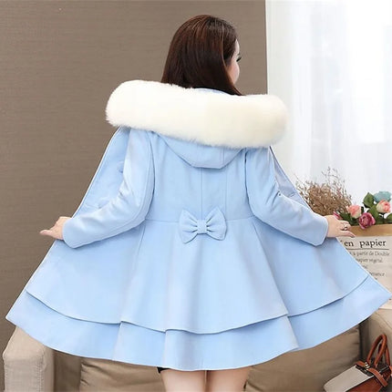 2023 New Winter Women's Woolen Blend Coat A-Line Double-Breasted Jackets Female Fur Collar Office Lady Wool Outwear