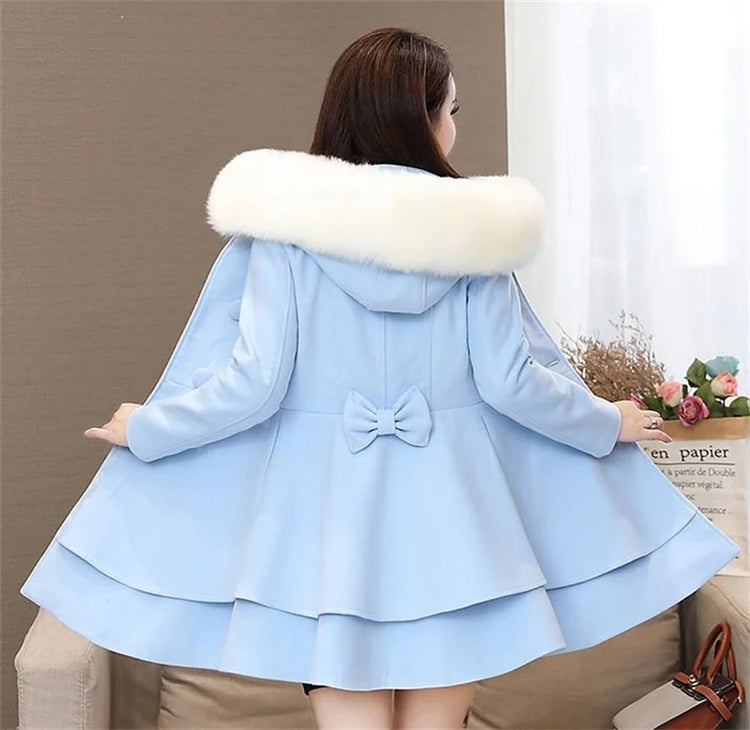 2023 New Winter Women's Woolen Blend Coat A-Line Double-Breasted Jackets Female Fur Collar Office Lady Wool Outwear