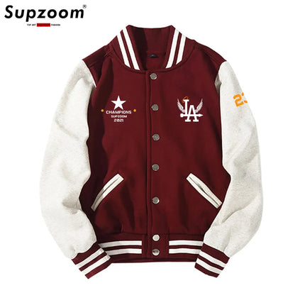 Supzoom New Arrival Letter Rib Sleeve Cotton Top Fashion Logo Single Breasted Casual Print Baseball Jacket Loose Cardigan Coat