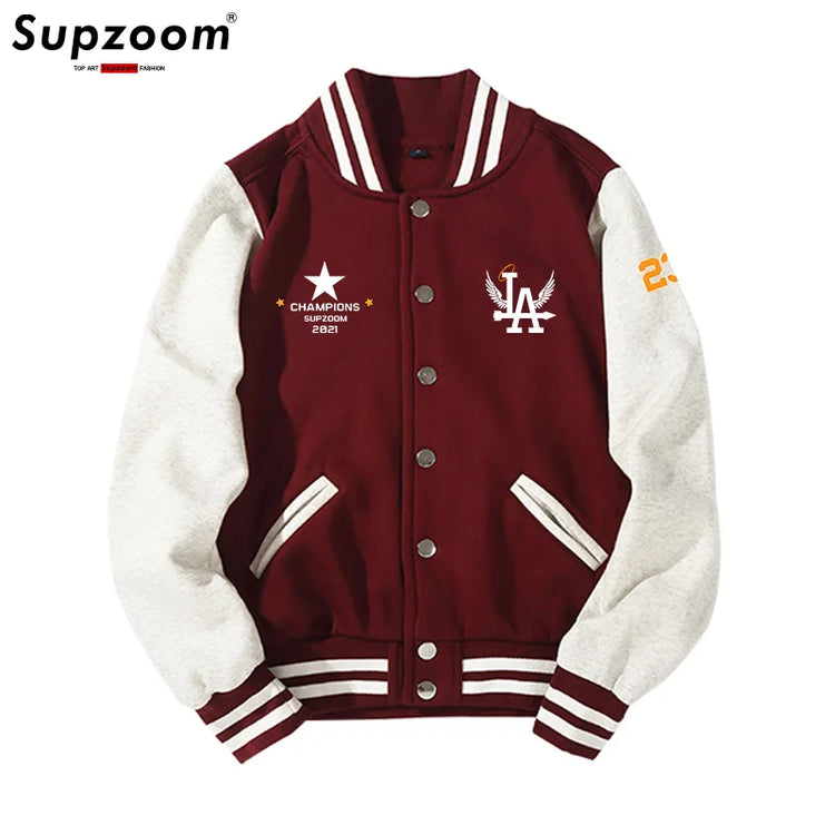 Supzoom New Arrival Letter Rib Sleeve Cotton Top Fashion Logo Single Breasted Casual Print Baseball Jacket Loose Cardigan Coat