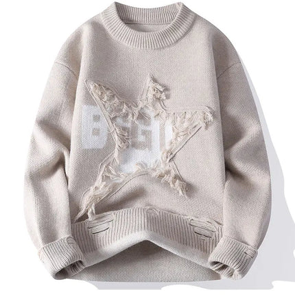 Edgy Star Fringe Knit Sweater – Distressed Lettering Crewneck for Men
