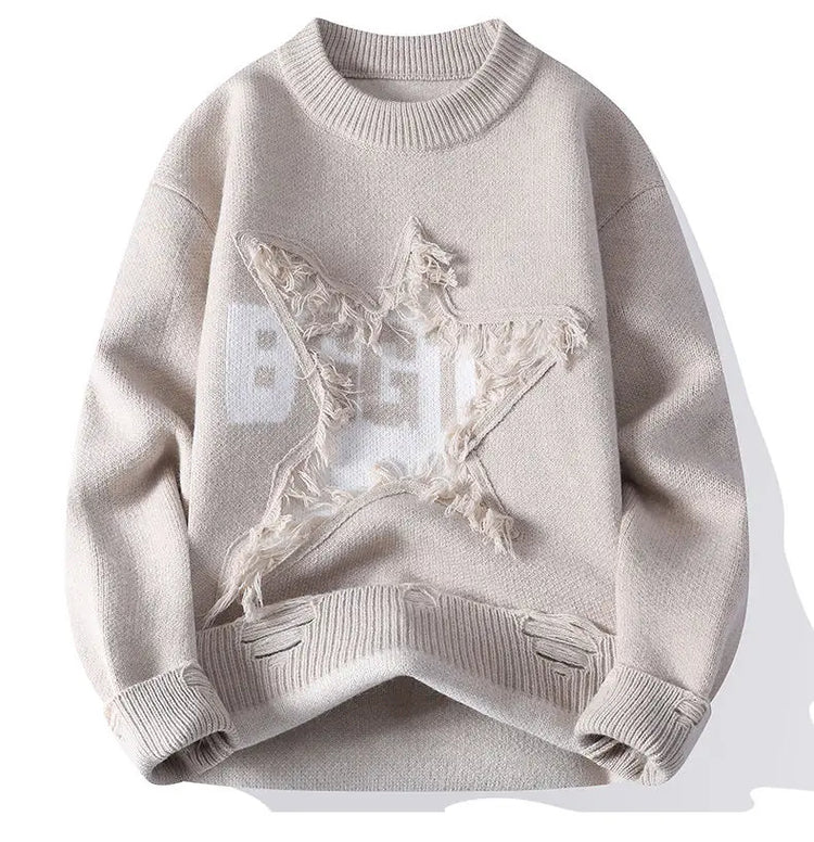 Edgy Star Fringe Knit Sweater – Distressed Lettering Crewneck for Men