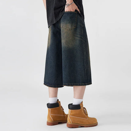 Pantaloncini Seven-Five in denim non elastico da uomo, vestibilità ampia, vestibilità ampia, versatile, stile semplice, casual
