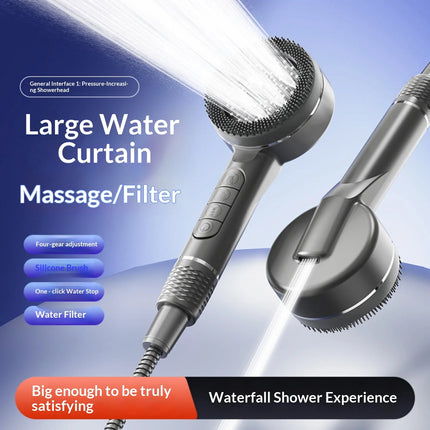 Soffione doccia autopulente a 4 modalità con spazzola in silicone, arresto acqua con un tasto, massaggio ad alta pressione, soffione in ABS con filtro