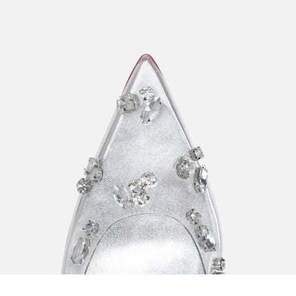 Red sole transparent pointed head sexy female stiletto high heels wedding shoes silver rhinestone crystal fairy style new 2024 PlatiNum