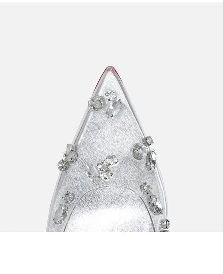 Red sole transparent pointed head sexy female stiletto high heels wedding shoes silver rhinestone crystal fairy style new 2024 PlatiNum