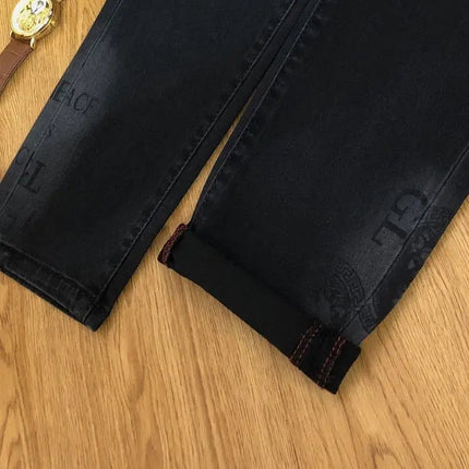 Spring and Autumn Korean Slim Jeans for Men 2025 High-end Luxury Clothing Black Printing Mid-waist Stretch Casual Pencil Pants PlatiNum