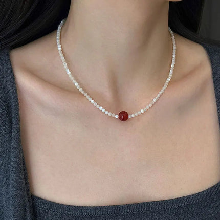 Minar French Silver Water Wave Chain Red Agate Beads Heart Beaded Pendant Necklaces for Women Gold Silver Plated Sweater Chain PlatiNum