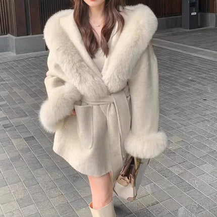 UCXQ Women Wool Coat Short Double Face Outerwear Hooded Luxury Fur Collar Cuff Loose Design Autumn 2026 New 23Z8631