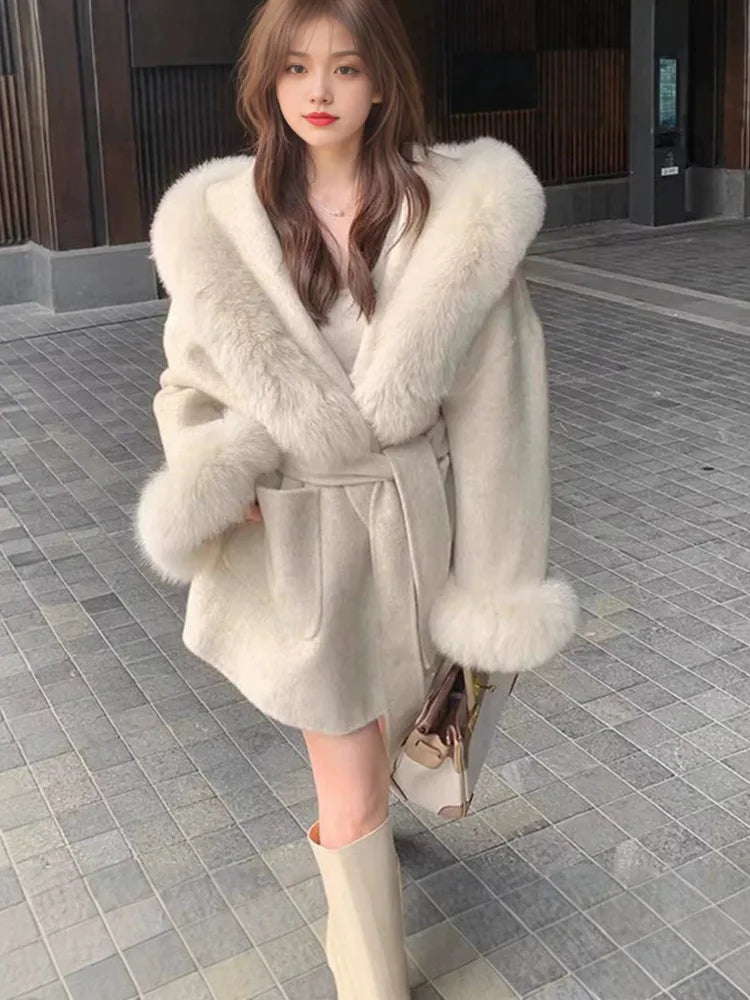 UCXQ Women Wool Coat Short Double Face Outerwear Hooded Luxury Fur Collar Cuff Loose Design Autumn 2026 New 23Z8631