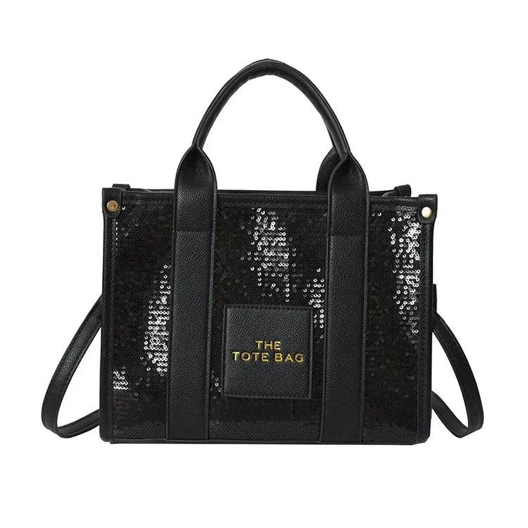 Sequins Top-Handle Bags Fashion PU Leather Shoulder Bag Large Capacity Travel Handbag Women Trendy Casual Satchel Tote Purse PlatiNum