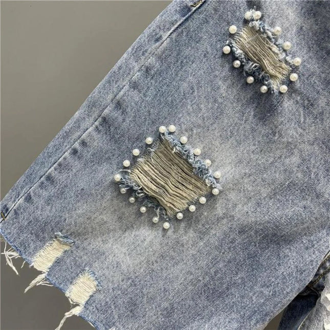 Fashionable Beaded Floral Frayed Hole Denim Shorts Women's High-Waisted Korean Style Solid Color Casual Summer Shorts