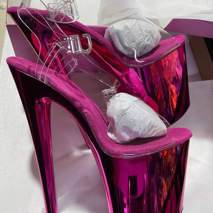 Glossy electroplated Cross dressing 8 inches high heel Stripper 20cm sandals  Clear Exotic Sexy platform pole Dance Sexy womens PlatiNum