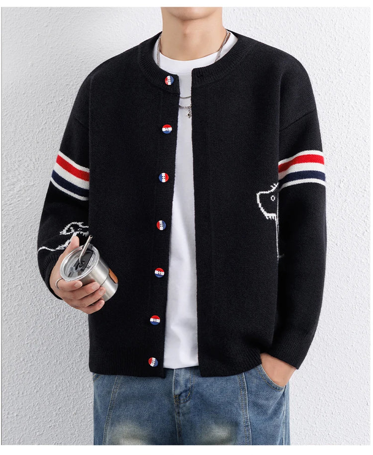 Designer Brand Long Sleeve Knitted Cardigan Men's New Trend Color Blocked Button Design Couple's Casual Warm Round Neck Coat