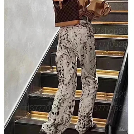 Jeans dritti a gamba larga con stampa leopardata Jeans retrò a vita alta da donna Streetwear Pantaloni vintage Y2k Pantaloni in denim da strada