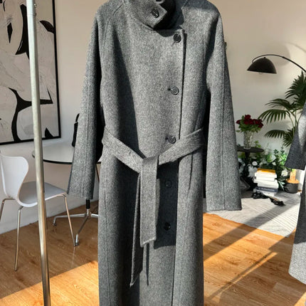 Korean Fashion Dark Gray Stand Collar 100%Wool Coat Women Long Winter Jacket