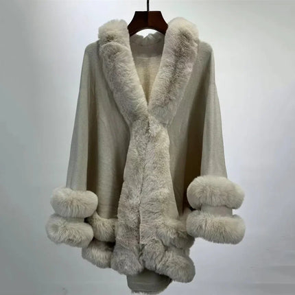 5 Colors 2024 Women 2 Circle Faux Rabbit Fur Cape Poncho Winter Loose Warm Shawl Outerwear Cashmere Cloak Overcoat