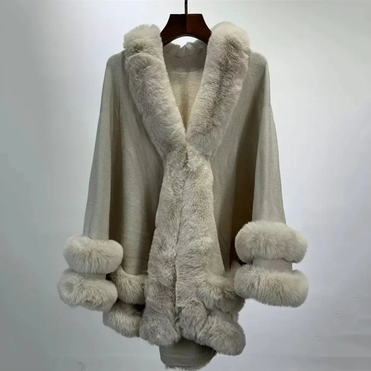 5 Colors 2024 Women 2 Circle Faux Rabbit Fur Cape Poncho Winter Loose Warm Shawl Outerwear Cashmere Cloak Overcoat