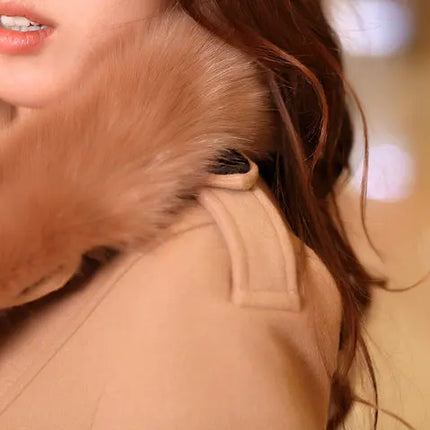 Mid Length Wool Coats Women Fur Collar Splice Blends Korean Full Sleeve Double Breasted Lace Up Belt Thick Warm Winter Jackets