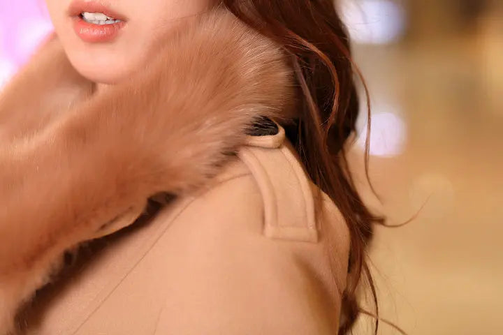 Mid Length Wool Coats Women Fur Collar Splice Blends Korean Full Sleeve Double Breasted Lace Up Belt Thick Warm Winter Jackets