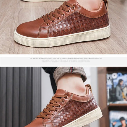 Men Woven Faux Leather Lace‑Up Skate Sneakers Low Top Flat Casual Shoes Retro Stitching Splicing Daily Outdoor Commuter Footwear