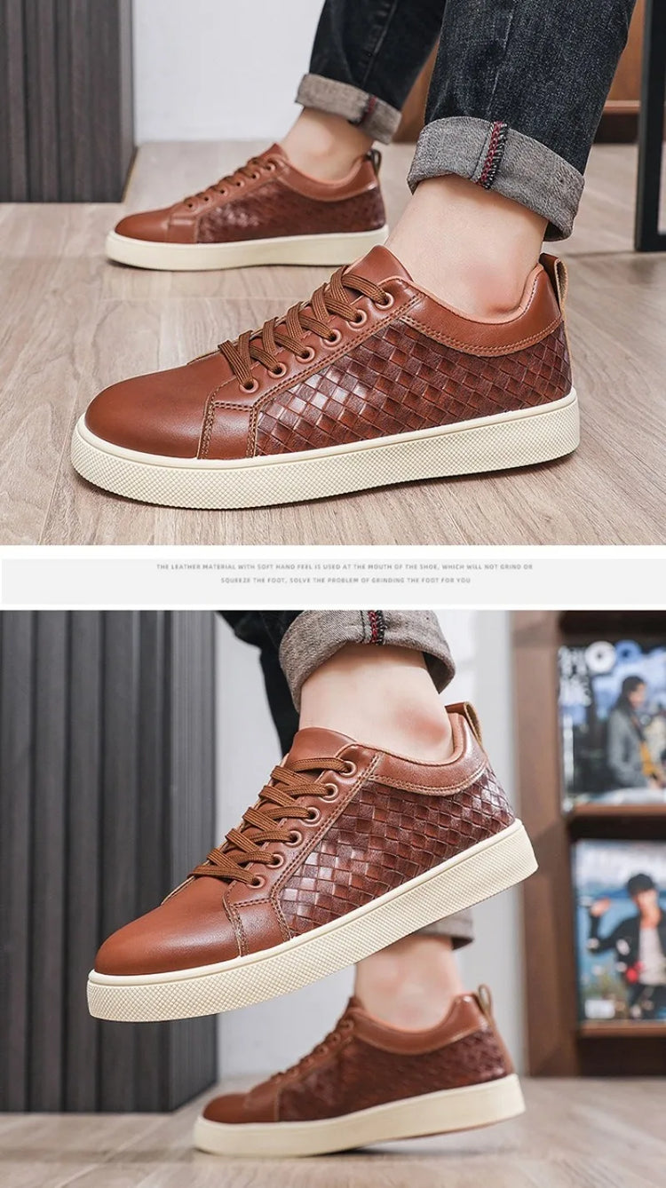 Men Woven Faux Leather Lace‑Up Skate Sneakers Low Top Flat Casual Shoes Retro Stitching Splicing Daily Outdoor Commuter Footwear