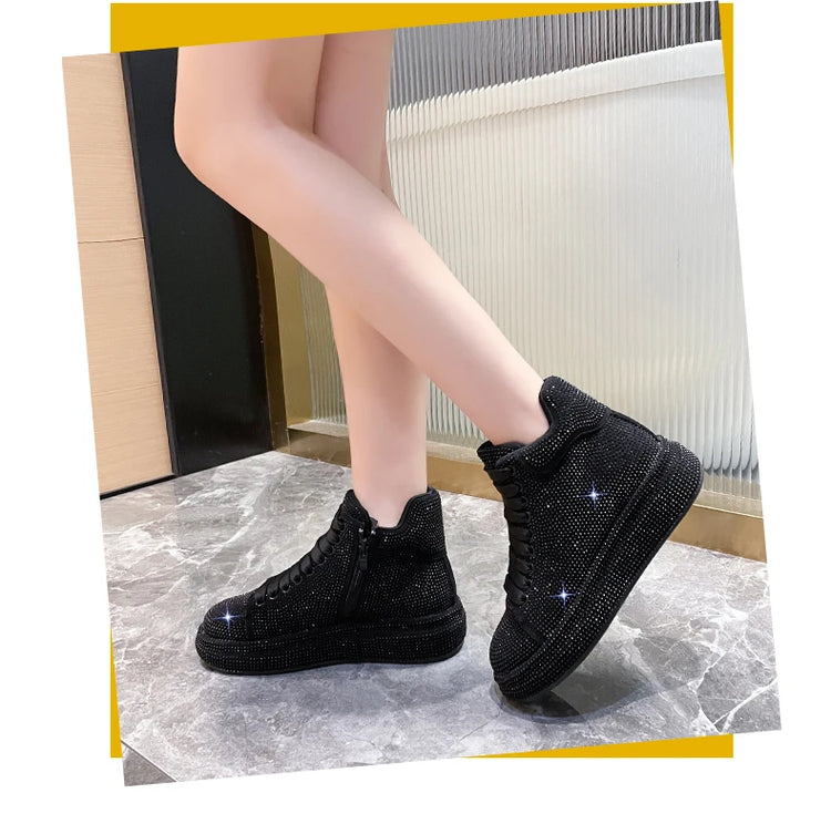 Designer Platform Sneakers Full Diamond Luxury Shoes Versatile Flat Bottom High-top Casual Skateboard Shoes Zapatos De Mujer