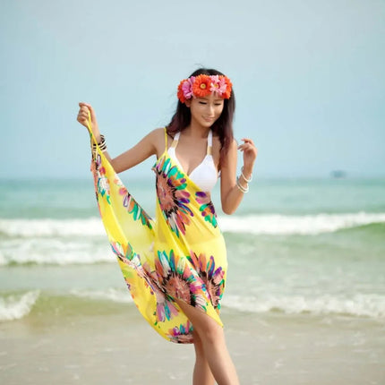 Copricostumi stampati Abito da spiaggia sexy Donna Halter Sling Chiffon Asciugamano da spiaggia Bikini Wrap Pareo Gonne Costumi da bagno aperti sul retro platinumshop