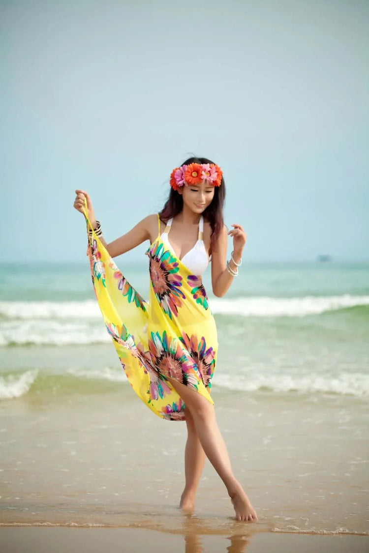 Copricostumi stampati Abito da spiaggia sexy Donna Halter Sling Chiffon Asciugamano da spiaggia Bikini Wrap Pareo Gonne Costumi da bagno aperti sul retro platinumshop