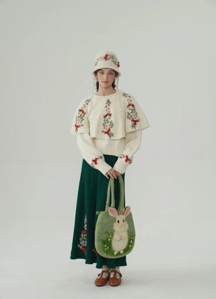 62-96cm Waist Fall Winter Long Skirts Women Elegant Handmade Embriodery Crochet Red Fruit Cashmere Wool Knitted Emerald Skirts PlatiNum