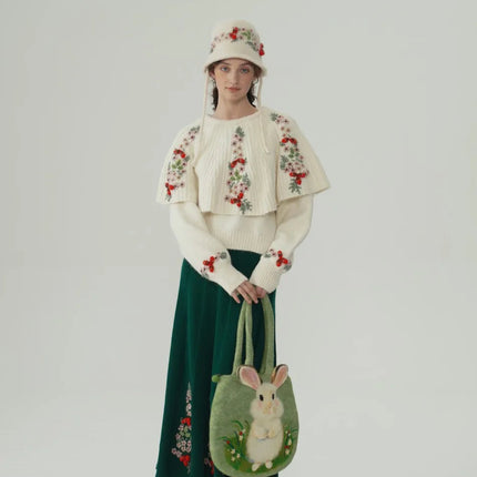 62-96cm Waist Fall Winter Long Skirts Women Elegant Handmade Embriodery Crochet Red Fruit Cashmere Wool Knitted Emerald Skirts PlatiNum