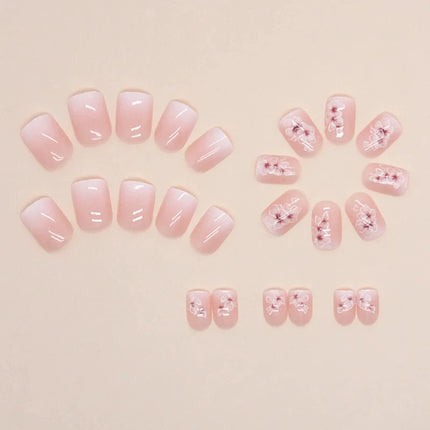 24Pcs Short Simple Gradient Flower Pattern Press‑On Nails Include 1 Jelly Glue And 1 Nail File Manicure Kit