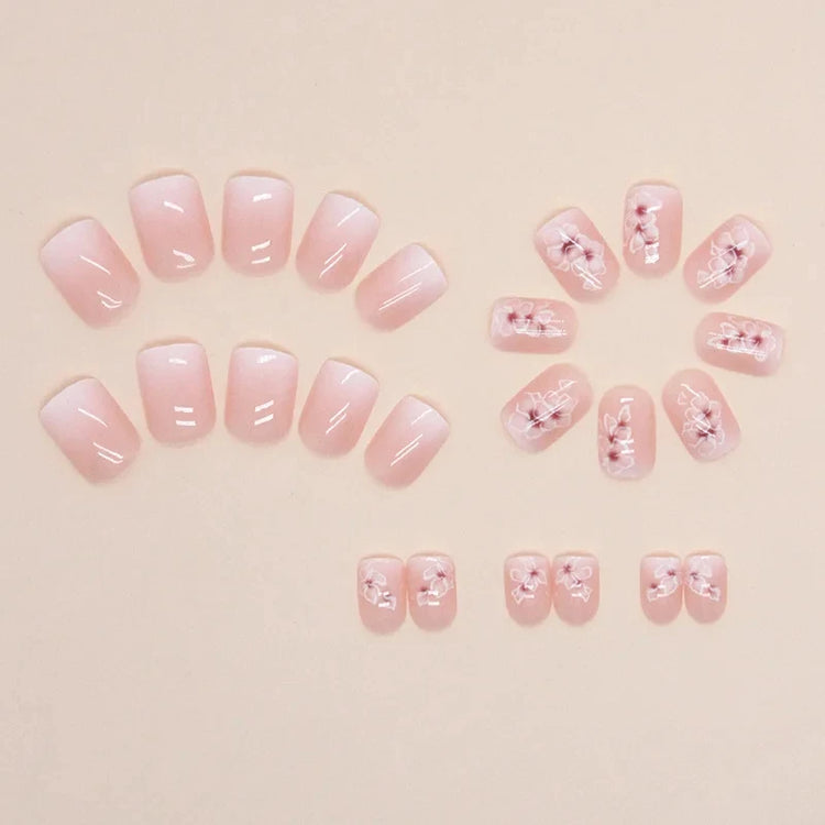 24Pcs Short Simple Gradient Flower Pattern Press‑On Nails Include 1 Jelly Glue And 1 Nail File Manicure Kit