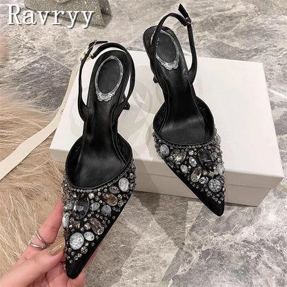 Pointed Toe Lace Crystal Women Pumps New Wedding High Heel Shoes Luxury Design Sexy Bride Party Stiletto Sandals