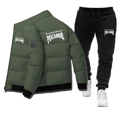 Men's Winter Warm Cotton Jacket+Drawstring Pants Set New Fashionable Casual Sports Pike Down Outdoor Windproof Jacket Set PlatiNum