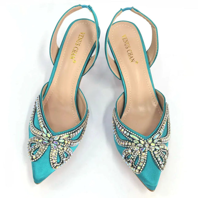 Venus Chan New Elegant Green Bling Bow Pointed Toe Pumps for Women 2024 Party Italian Rhinestone Matching Shoes and Bag Set
