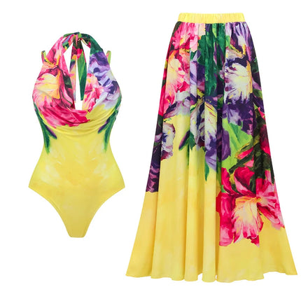 Completo Set Copricostume Elegante da Donna con Volant, Stampa Pittorica, per l'Estate, Sexy, con Body Senza Spalline e Gonna platinumshop