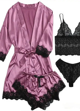 Pigiama da donna lussuoso con scollo a V in 4 pezzi camicia da notte sexy pizzo in raso halter accappatoio in raso di seta camicia da notte per la casa pigiama sexy per la casa platinumshop