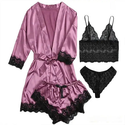 Pigiama da donna lussuoso con scollo a V in 4 pezzi camicia da notte sexy pizzo in raso halter accappatoio in raso di seta camicia da notte per la casa pigiama sexy per la casa platinumshop