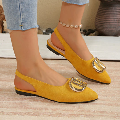 French Pointed-toe Metal Flat Shoes Baotou Sandals Shallow-mouth Single Shoes Foreign-style Explosive Internet Celebrity