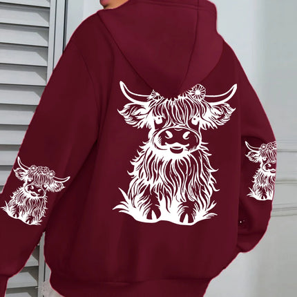 Cute Hair Cow Cartoon Printing Hoodies Womens Fleece Autumn Streetwear Comfortable Casual Hoodie Y2K Pocket All-Match Hoody